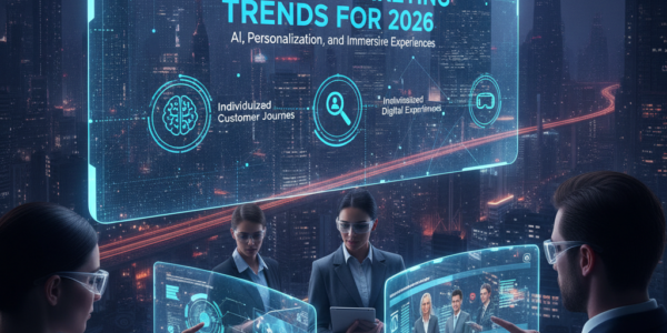 Professionals viewing digital marketing trends holographic display in city