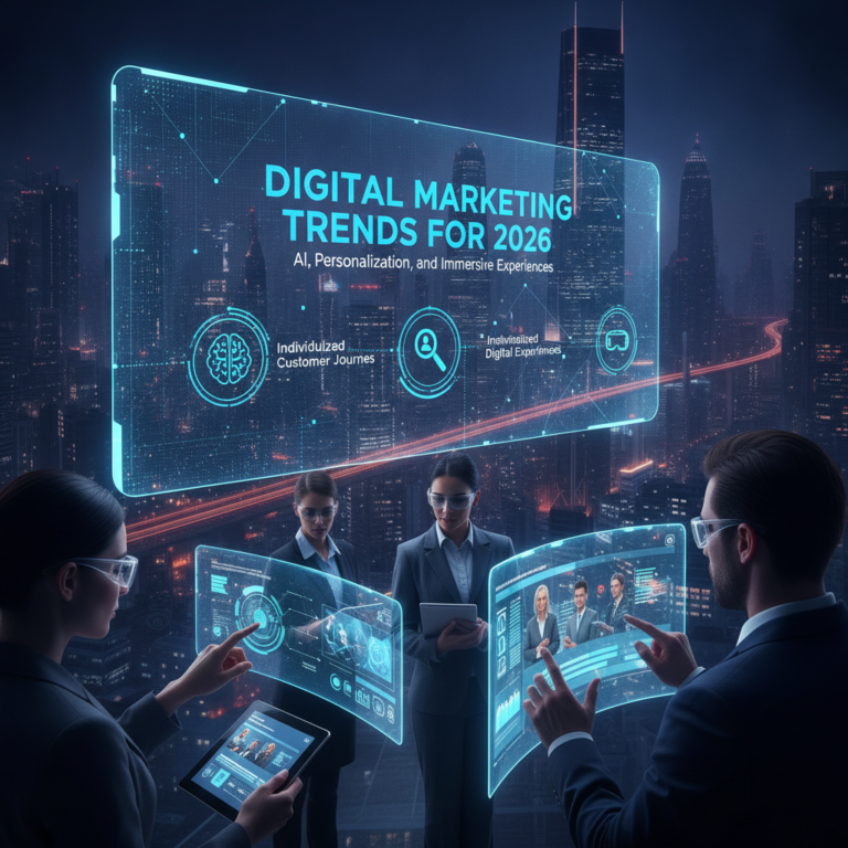 Professionals viewing digital marketing trends holographic display in city