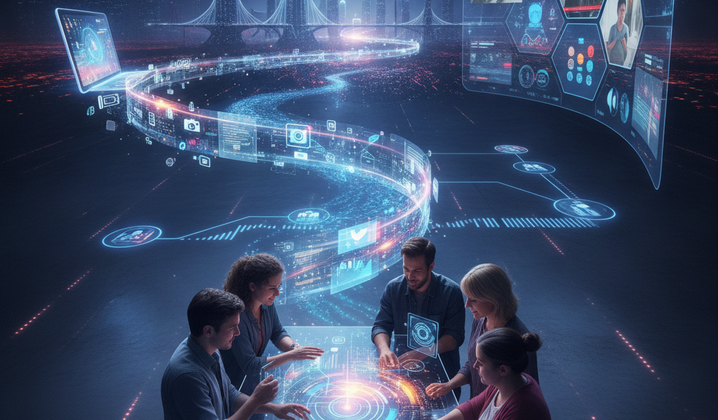 Team using holographic interface in futuristic smart city