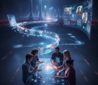 Team using holographic interface in futuristic smart city