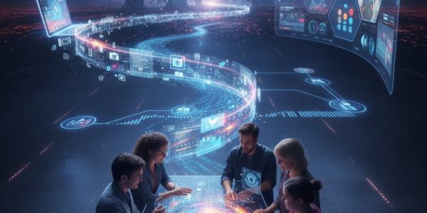 Team using holographic interface in futuristic smart city