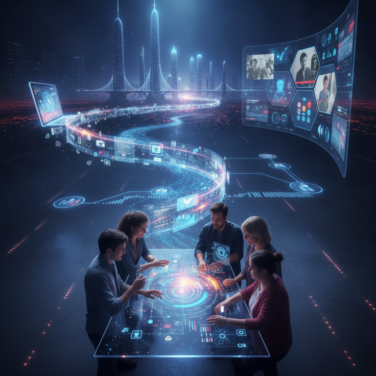 Team using holographic interface in futuristic smart city