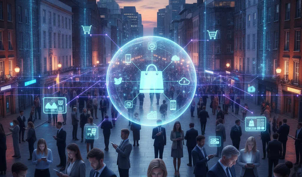 Businesspeople use digital shopping network in a city street