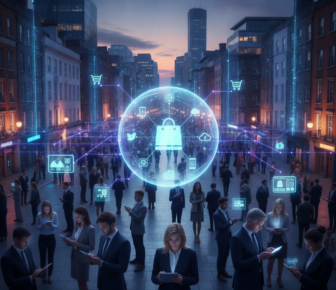Businesspeople use digital shopping network in a city street
