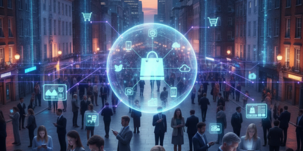 Businesspeople use digital shopping network in a city street