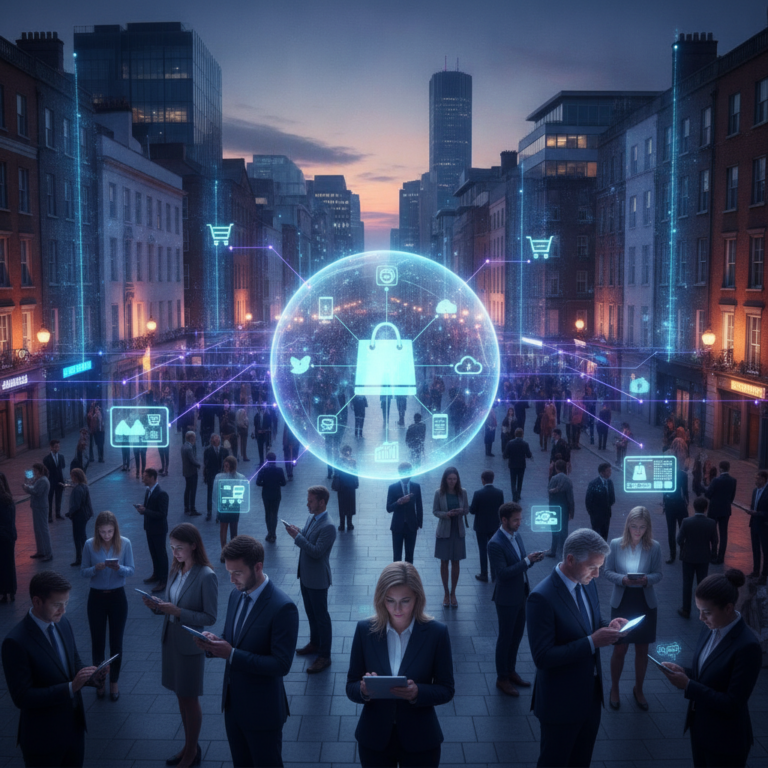 Businesspeople use digital shopping network in a city street