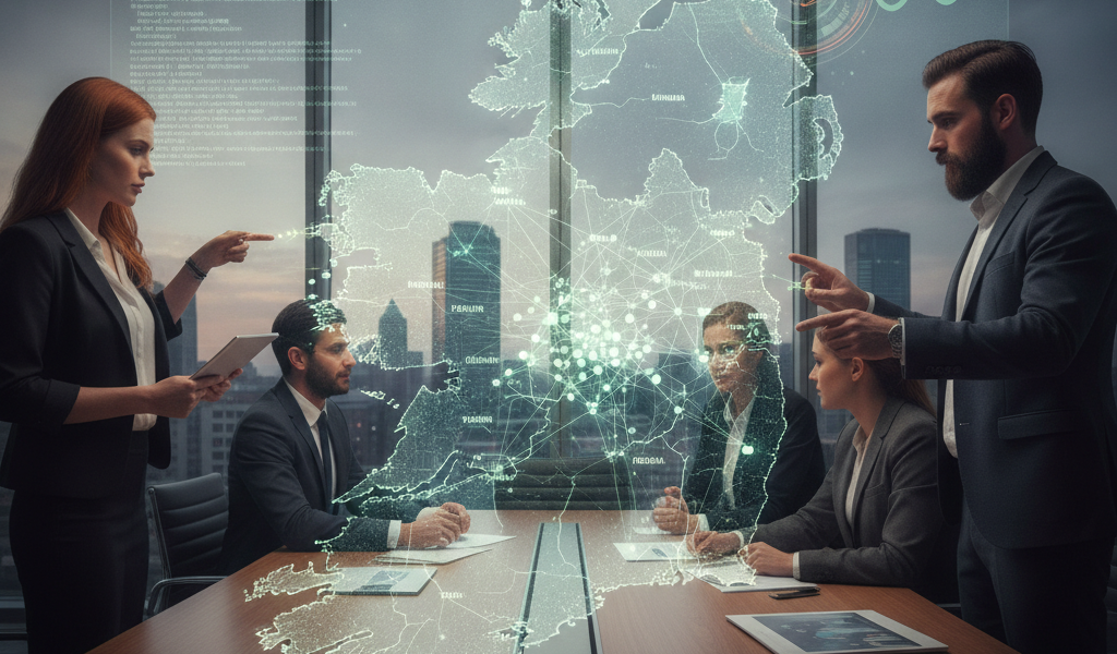 Business team reviewing holographic map of Ireland's digital strategy