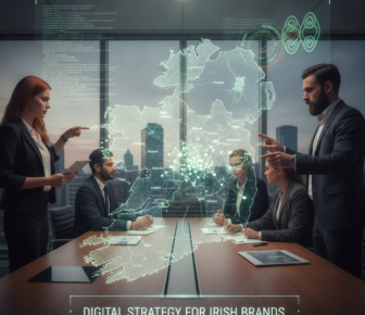 Business team reviewing holographic map of Ireland's digital strategy