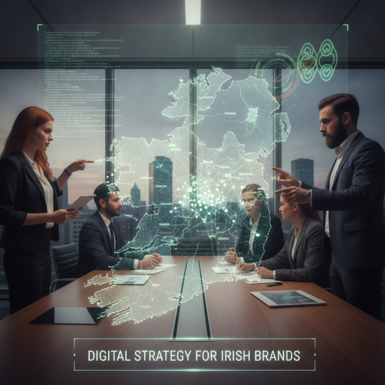 Business team reviewing holographic map of Ireland's digital strategy