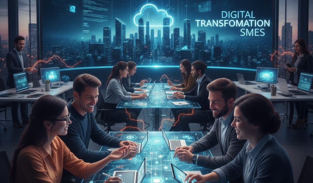Team collaborating on digital transformation in futuristic smart office