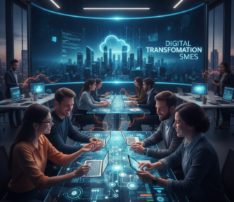 Team collaborating on digital transformation in futuristic smart office