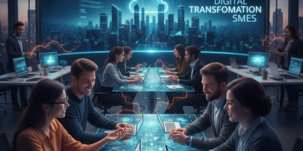 Team collaborating on digital transformation in futuristic smart office