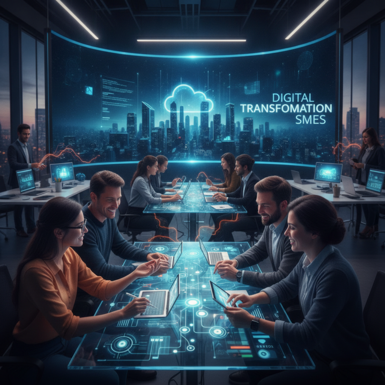 Team collaborating on digital transformation in futuristic smart office