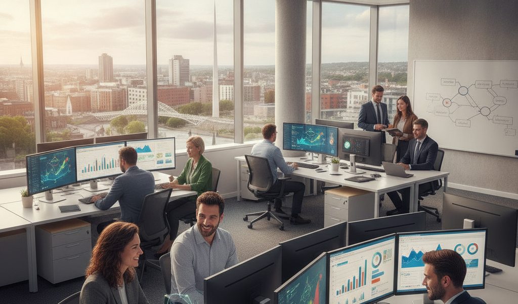 Analytics team working in a modern office with city views