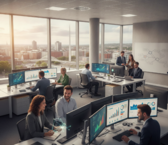 Analytics team working in a modern office with city views