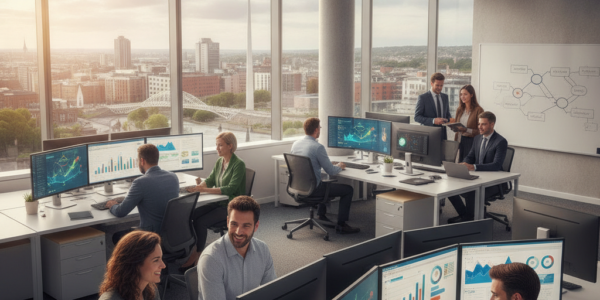 Analytics team working in a modern office with city views