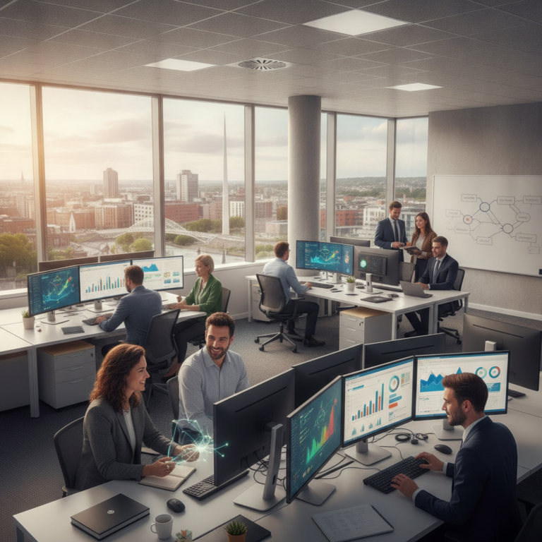 Analytics team working in a modern office with city views