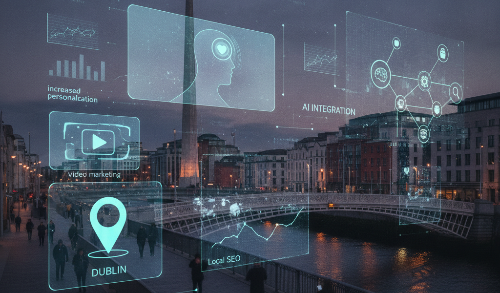 Dublin cityscape with digital marketing and AI integration overlays