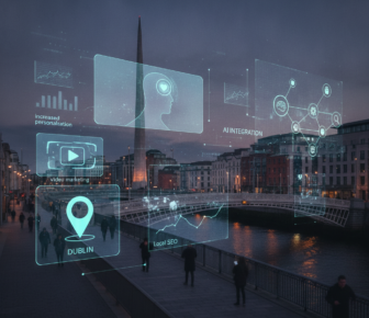 Dublin cityscape with digital marketing and AI integration overlays
