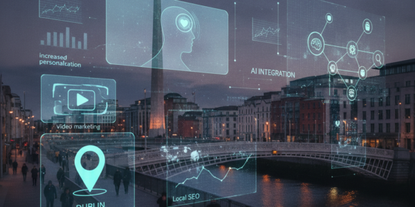 Dublin cityscape with digital marketing and AI integration overlays