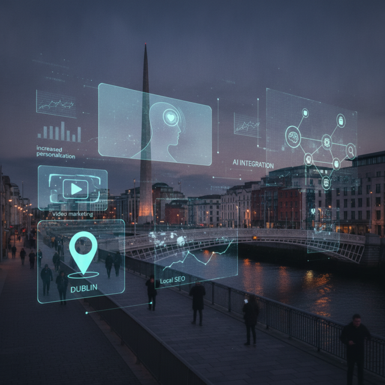 Dublin cityscape with digital marketing and AI integration overlays