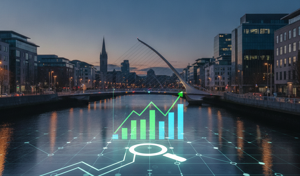 Financial growth graphic over Dublin’s River Liffey at dusk