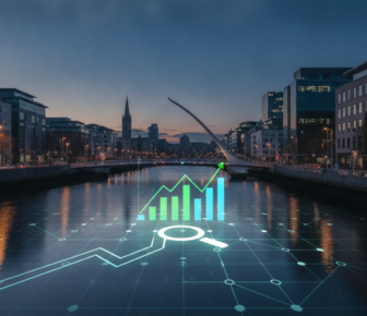 Financial growth graphic over Dublin’s River Liffey at dusk