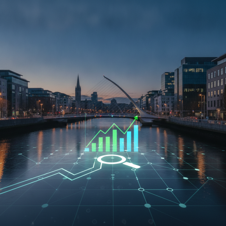 Financial growth graphic over Dublin’s River Liffey at dusk