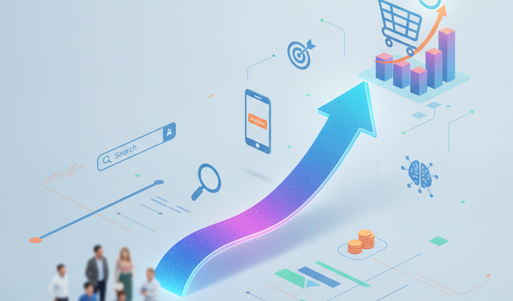 E-commerce conversion strategies infographic with rising arrow and shopping cart