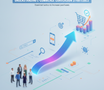 E-commerce conversion strategies infographic with rising arrow and shopping cart