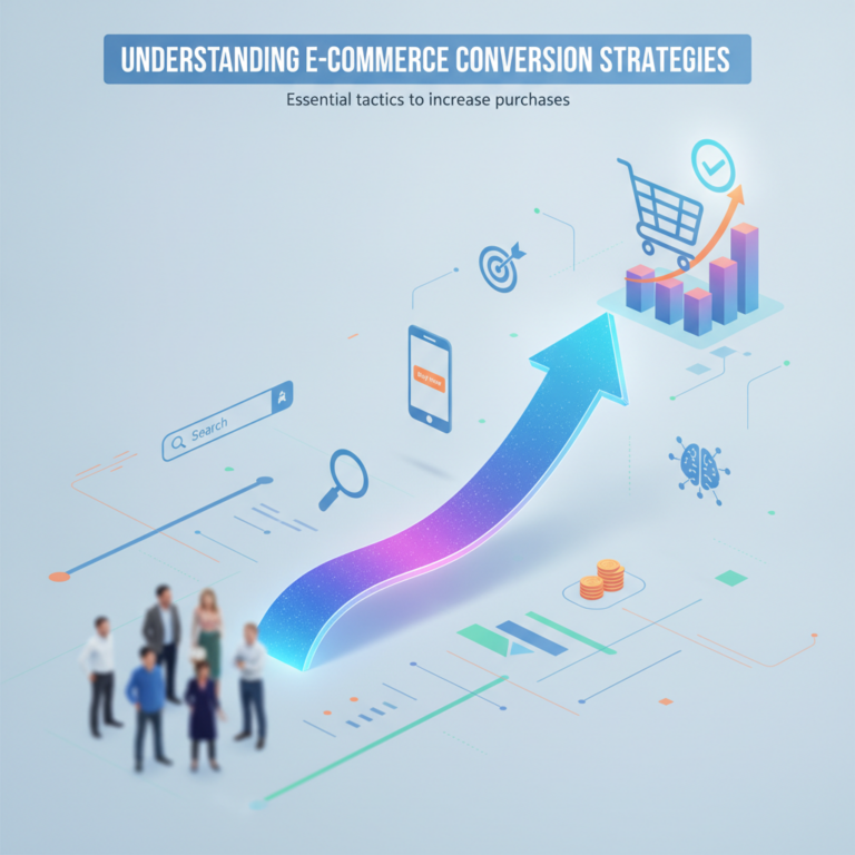 E-commerce conversion strategies infographic with rising arrow and shopping cart
