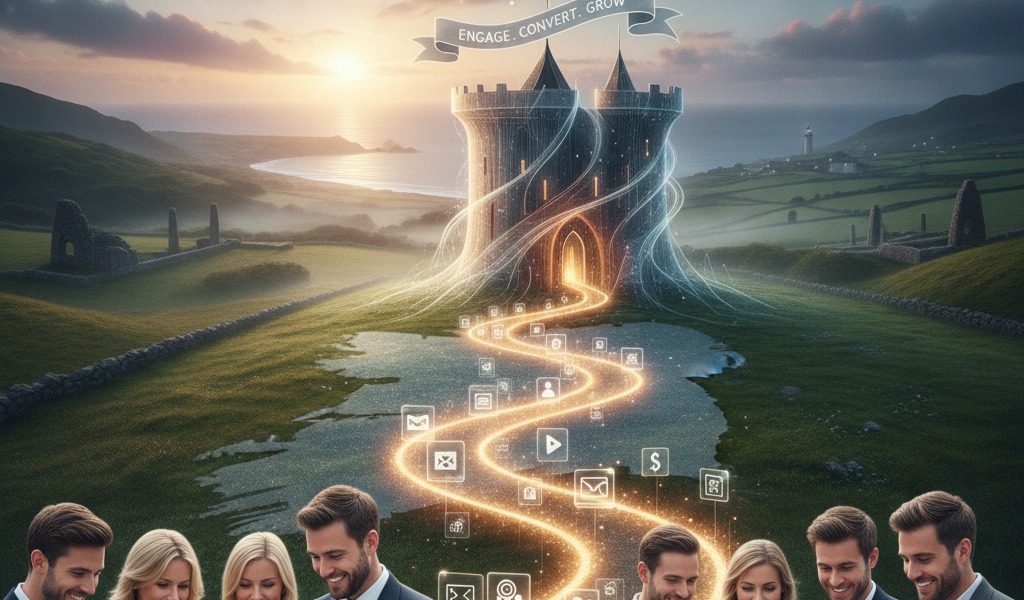 Professionals use tablets beneath glowing castle and marketing banner