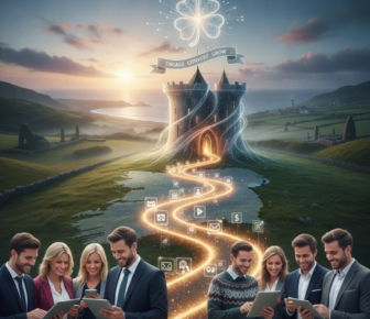 Professionals use tablets beneath glowing castle and marketing banner