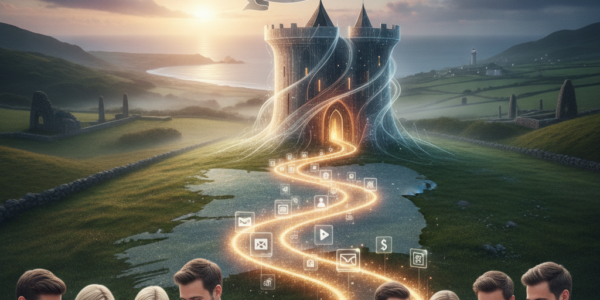 Professionals use tablets beneath glowing castle and marketing banner