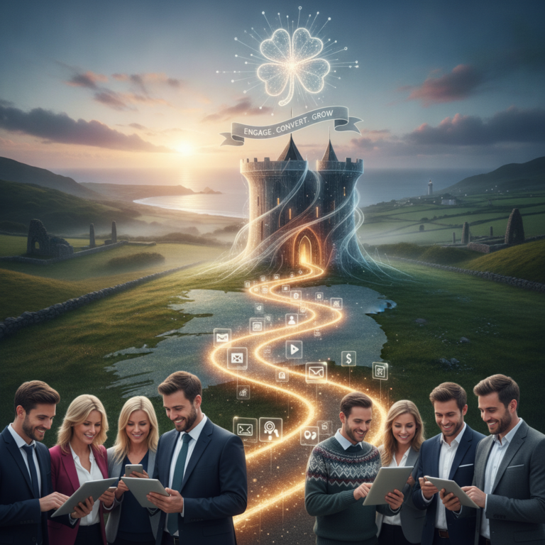 Professionals use tablets beneath glowing castle and marketing banner