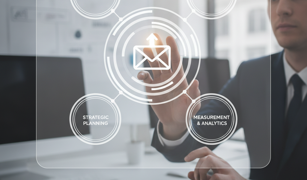 Businessman interacting with email marketing campaign strategy interface