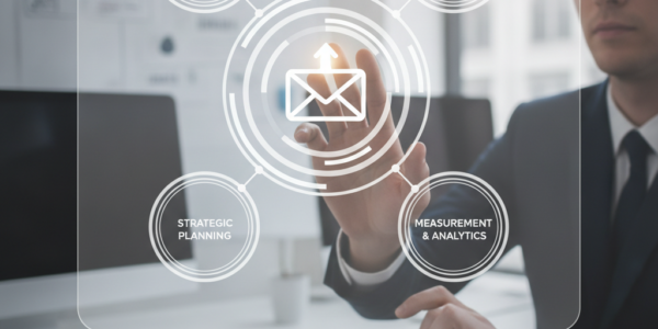 Businessman interacting with email marketing campaign strategy interface