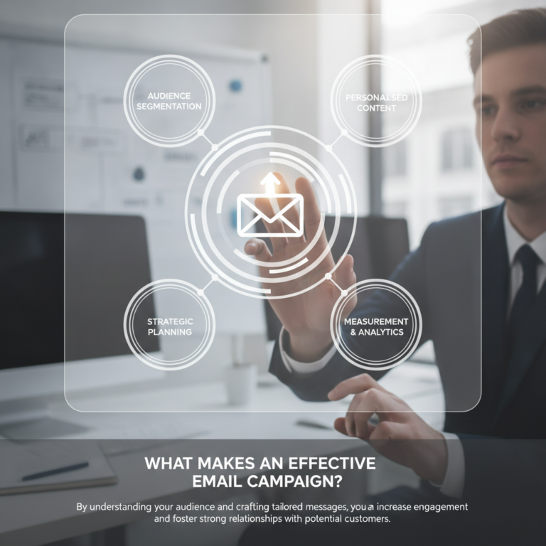 Businessman interacting with email marketing campaign strategy interface
