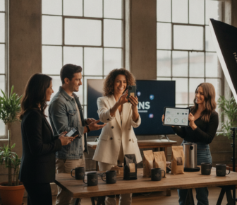 Team filming coffee product presentation in bright studio