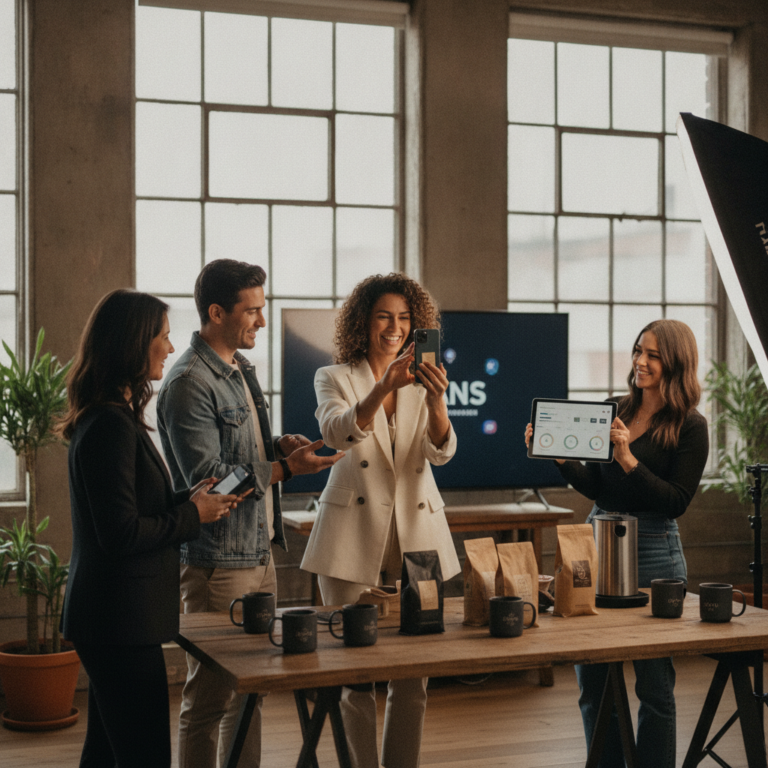 Team filming coffee product presentation in bright studio
