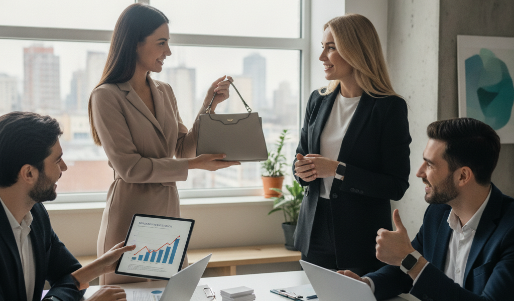 Businesswomen presenting handbag to colleagues during office meeting