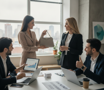 Businesswomen presenting handbag to colleagues during office meeting