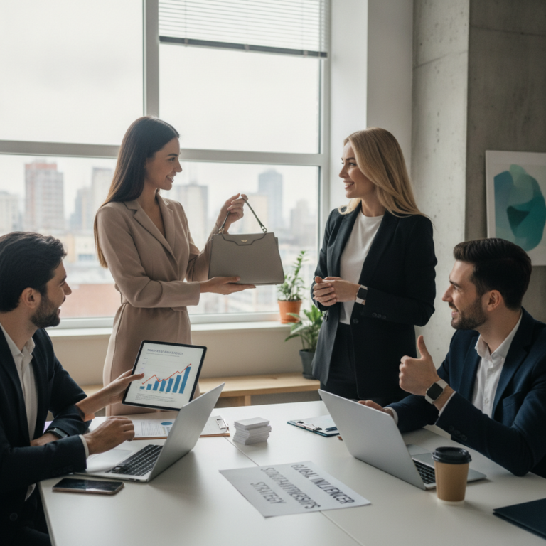 Businesswomen presenting handbag to colleagues during office meeting