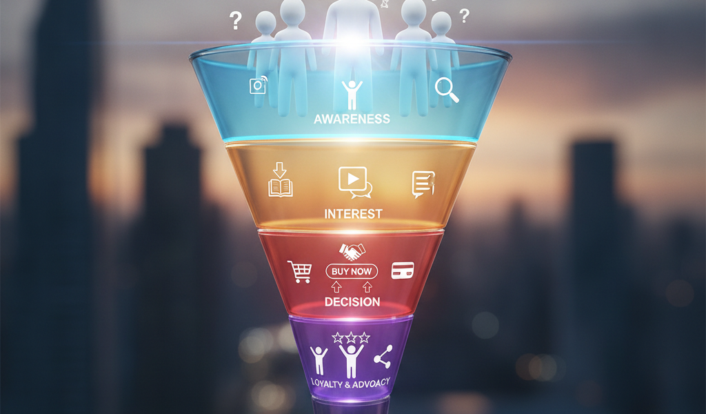 Marketing funnel showing customer journey from awareness to loyalty