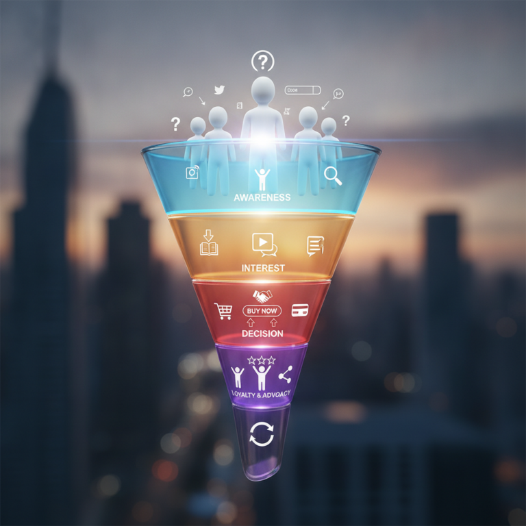 Marketing funnel showing customer journey from awareness to loyalty