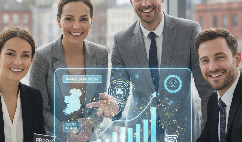 Business team reviewing holographic brand sentiment and media reach analytics