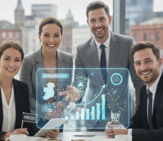 Business team reviewing holographic brand sentiment and media reach analytics