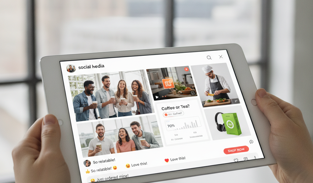 Person holding tablet displaying social media shopping feed