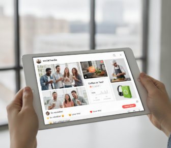 Person holding tablet displaying social media shopping feed