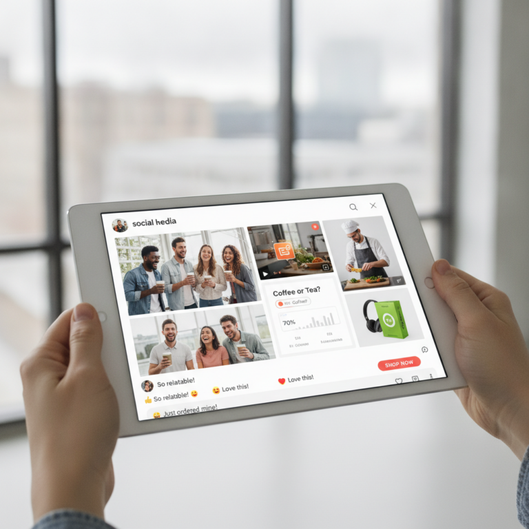 Person holding tablet displaying social media shopping feed